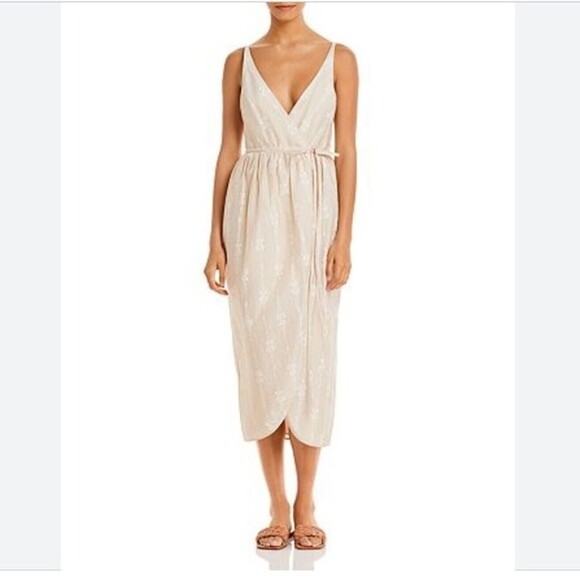 Rebecca Taylor Dress Womens 10 Biege Tulip Wrap Marzipan Combo Midi V Neck - Picture 10 of 10